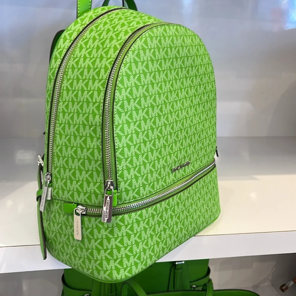 Michael Kors Rhea Medium Signature Logo Backpack Jungle Green NWT